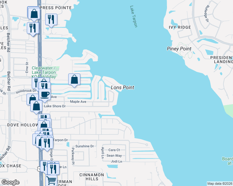 map of restaurants, bars, coffee shops, grocery stores, and more near 126 Lake Shore Drive East in Palm Harbor