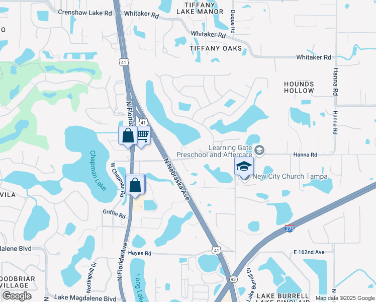 map of restaurants, bars, coffee shops, grocery stores, and more near 414 East Chapman Road in Lutz
