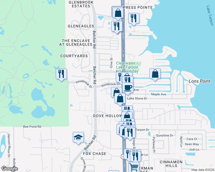 map of restaurants, bars, coffee shops, grocery stores, and more near 2464 Bent Tree Road in Palm Harbor