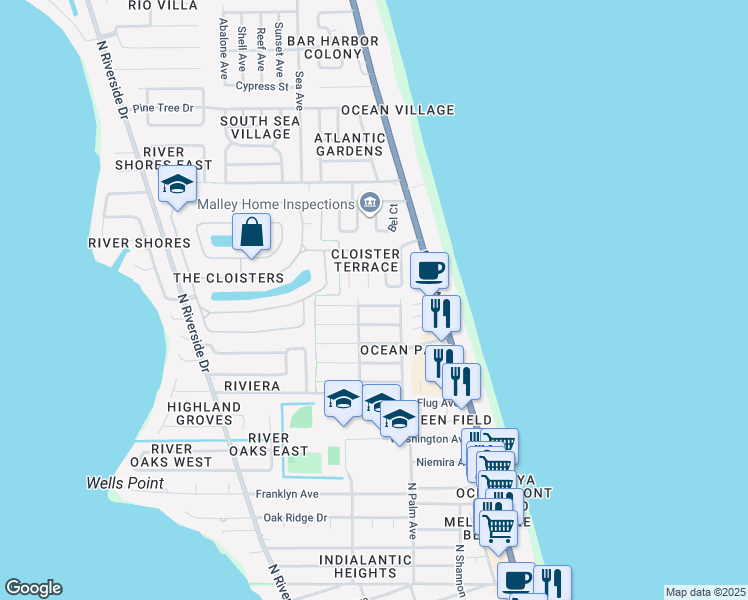 map of restaurants, bars, coffee shops, grocery stores, and more near 240 Avenida De La Vista in Indialantic