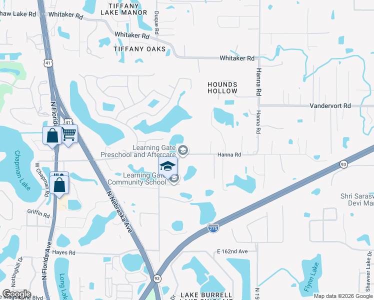 map of restaurants, bars, coffee shops, grocery stores, and more near 16330 Hanna Road in Lutz