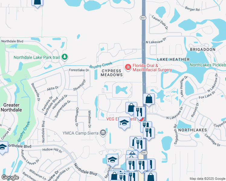 map of restaurants, bars, coffee shops, grocery stores, and more near 3602 Carrollwood Place Circle in Tampa