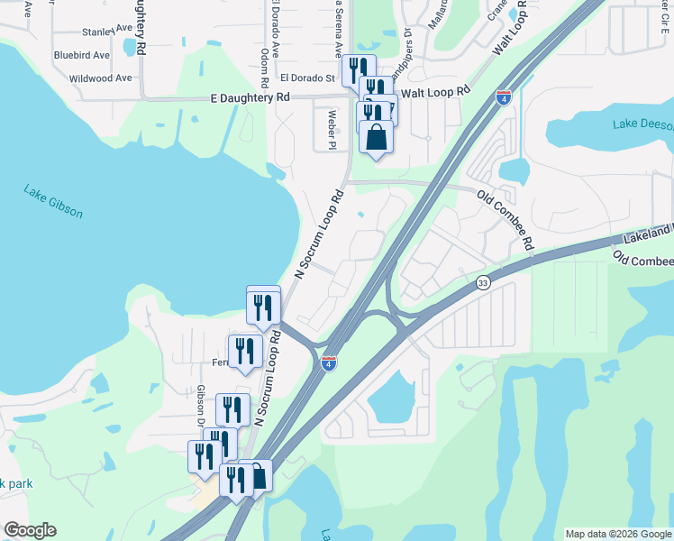 map of restaurants, bars, coffee shops, grocery stores, and more near 5115 North Socrum Loop Road in Lakeland