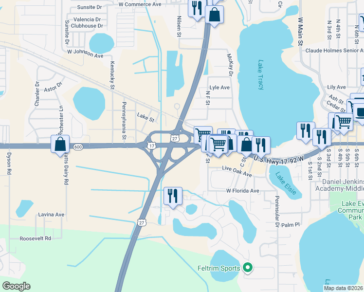 map of restaurants, bars, coffee shops, grocery stores, and more near 829 U.S. 17 in Haines City