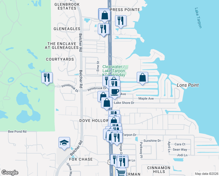map of restaurants, bars, coffee shops, grocery stores, and more near 36750 U.S. 19 in Tarpon Springs
