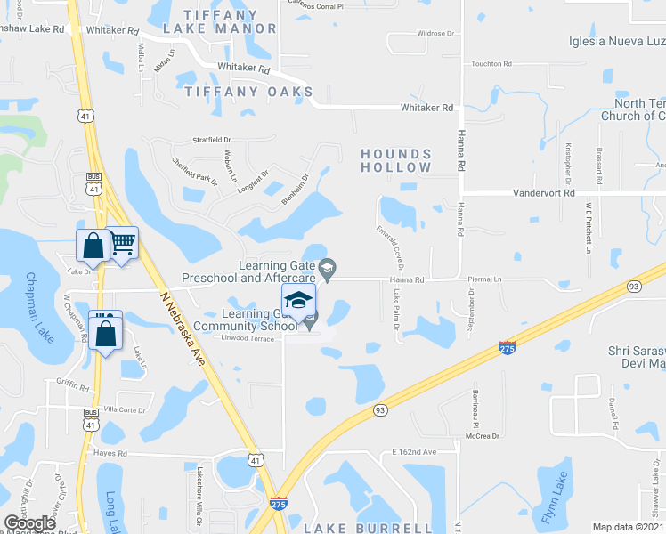 map of restaurants, bars, coffee shops, grocery stores, and more near 16330 Hanna Road in Lutz