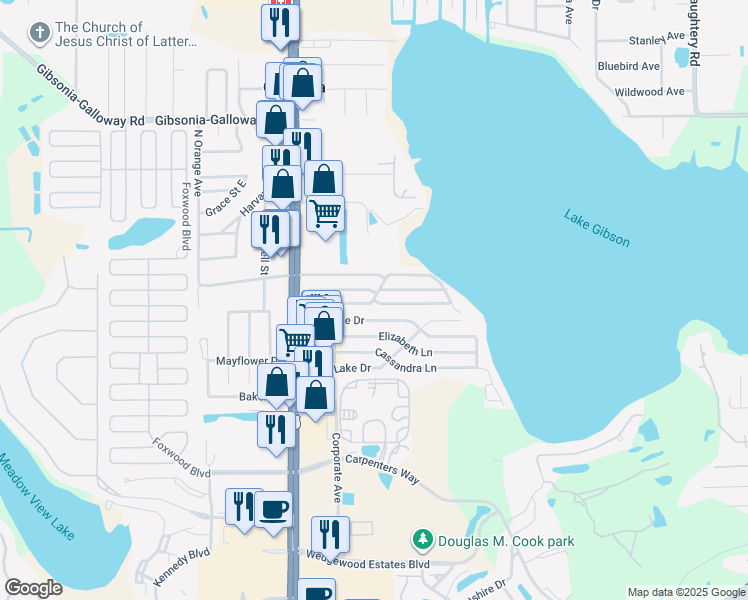 map of restaurants, bars, coffee shops, grocery stores, and more near 918 Fountainview Lake Drive North in Lakeland