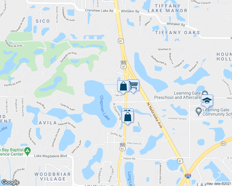 map of restaurants, bars, coffee shops, grocery stores, and more near 121 Lake Drive in Lutz