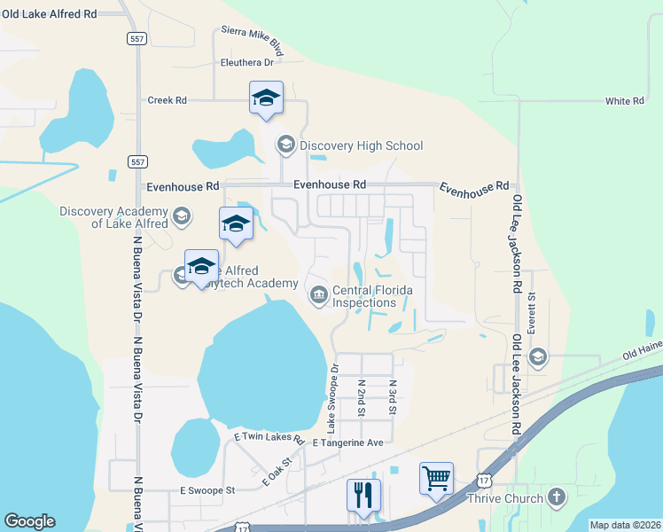 map of restaurants, bars, coffee shops, grocery stores, and more near 519 Oakhurst Way in Lake Alfred