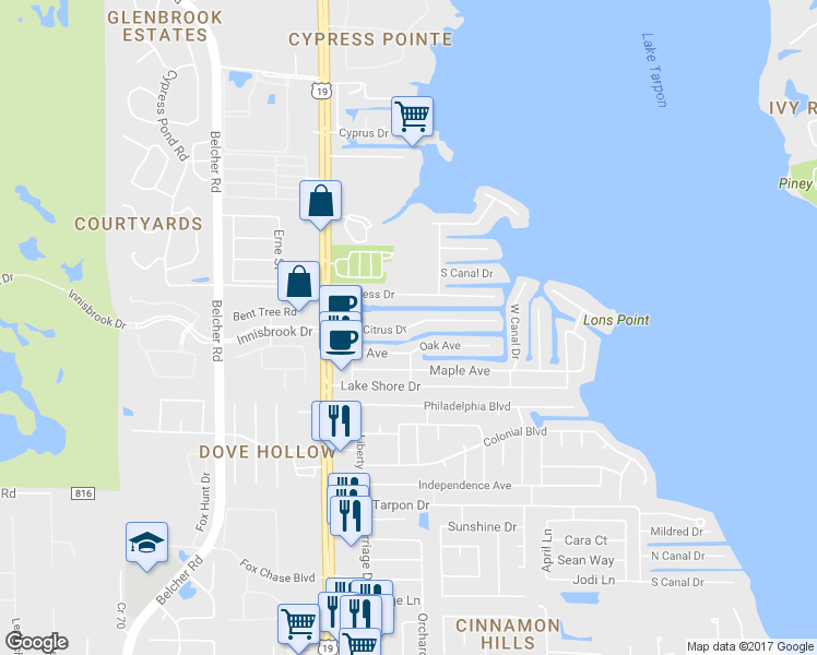 map of restaurants, bars, coffee shops, grocery stores, and more near 16 Citrus Drive in Palm Harbor