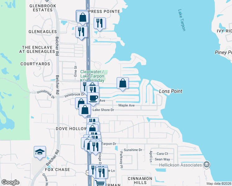 map of restaurants, bars, coffee shops, grocery stores, and more near 43 Citrus Drive in Palm Harbor