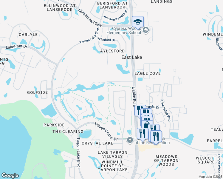 map of restaurants, bars, coffee shops, grocery stores, and more near 3571 Fairway Forest Drive in Palm Harbor