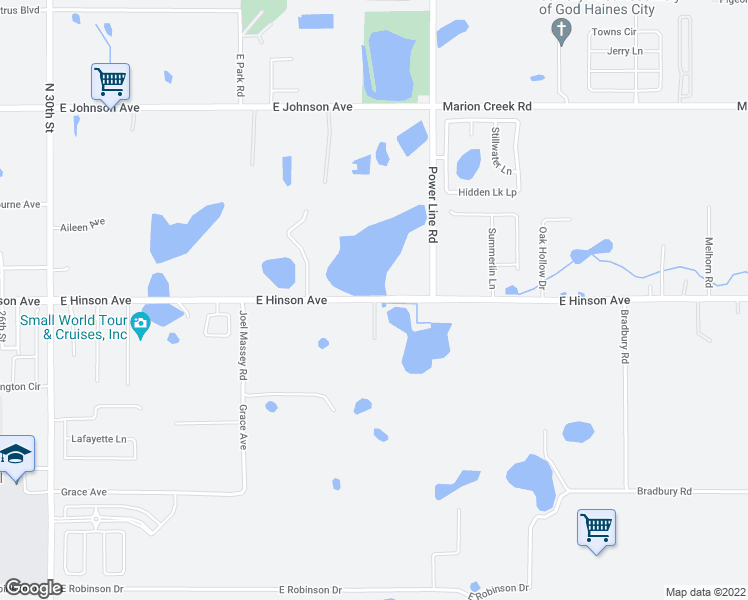 map of restaurants, bars, coffee shops, grocery stores, and more near East Hinson Avenue in Haines City