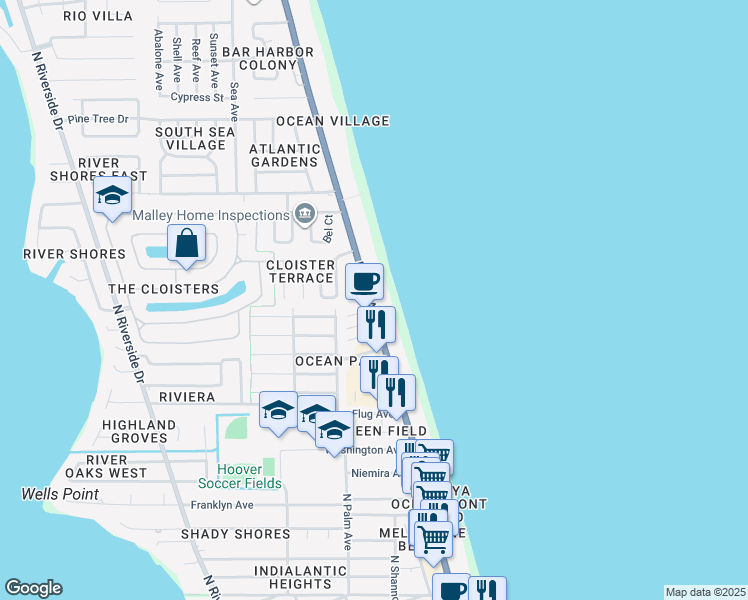 map of restaurants, bars, coffee shops, grocery stores, and more near 1415 North Miramar Avenue in Indialantic