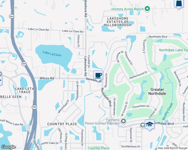 map of restaurants, bars, coffee shops, grocery stores, and more near 16504 Foothill Drive in Tampa