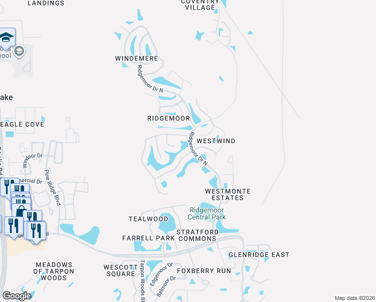 map of restaurants, bars, coffee shops, grocery stores, and more near 5589 Greyston Street in Palm Harbor