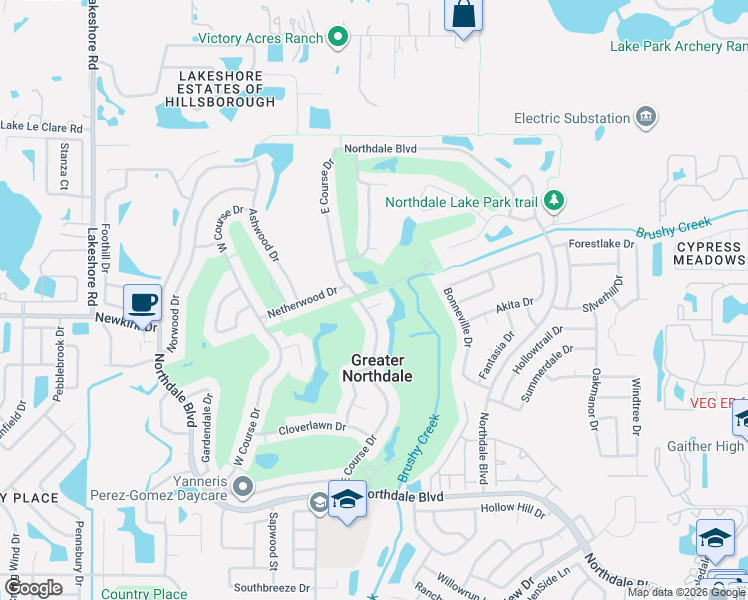 map of restaurants, bars, coffee shops, grocery stores, and more near 4501 Bloomsbury Court in Tampa