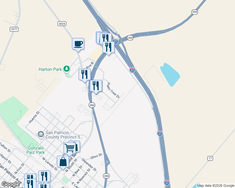 map of restaurants, bars, coffee shops, grocery stores, and more near 112 Palm Tree Drive in Mathis