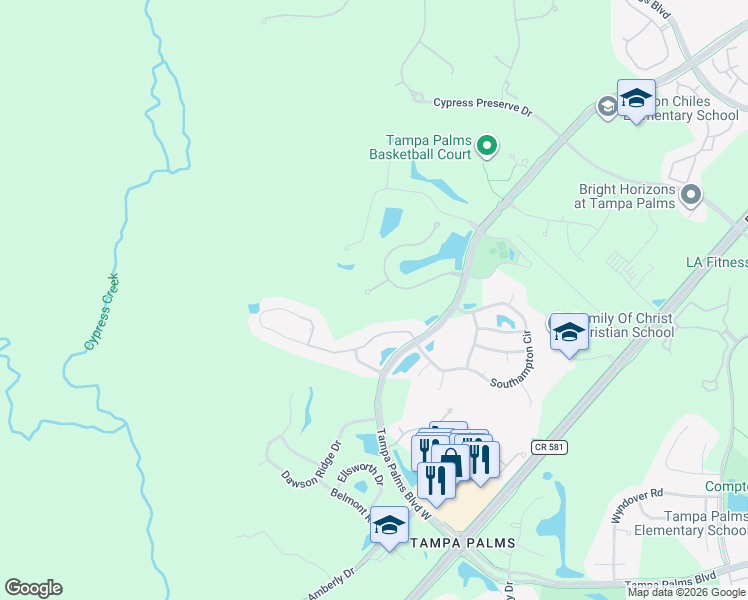 map of restaurants, bars, coffee shops, grocery stores, and more near 16003 Langhorne Court in Tampa