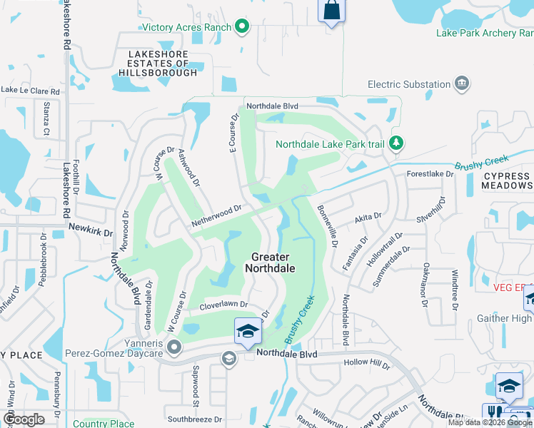 map of restaurants, bars, coffee shops, grocery stores, and more near 4501 Bloomsbury Court in Tampa