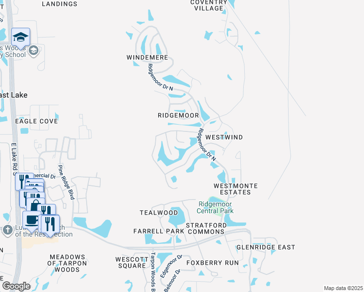 map of restaurants, bars, coffee shops, grocery stores, and more near 3828 Muirfield Court in Palm Harbor