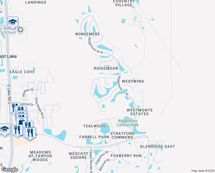 map of restaurants, bars, coffee shops, grocery stores, and more near 3828 Muirfield Court in Palm Harbor