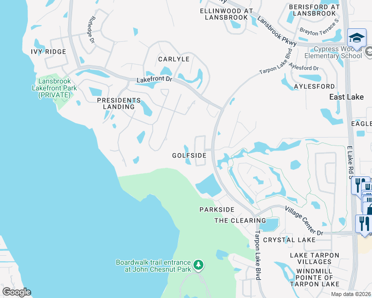 map of restaurants, bars, coffee shops, grocery stores, and more near 4150 Grandchamp Circle in Palm Harbor