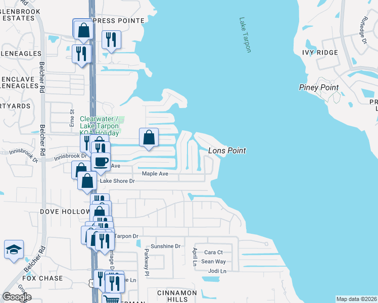 map of restaurants, bars, coffee shops, grocery stores, and more near 185 East Canal Drive in Palm Harbor
