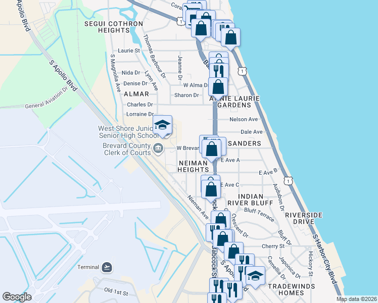map of restaurants, bars, coffee shops, grocery stores, and more near 101 West Brevard Drive in Melbourne