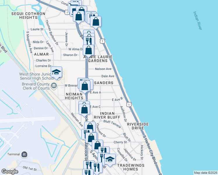 map of restaurants, bars, coffee shops, grocery stores, and more near 111 East Brevard Drive in Melbourne