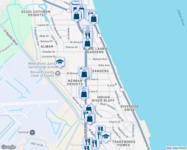 map of restaurants, bars, coffee shops, grocery stores, and more near 27 East Brevard Drive in Melbourne