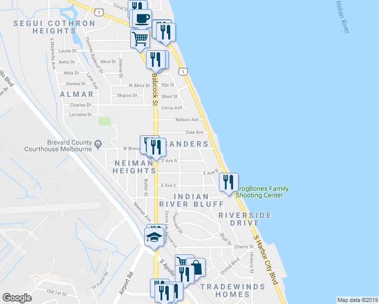 map of restaurants, bars, coffee shops, grocery stores, and more near 111 East Brevard Drive in Melbourne