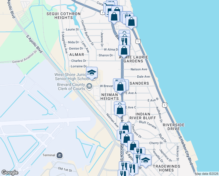 map of restaurants, bars, coffee shops, grocery stores, and more near 101 West Brevard Drive in Melbourne