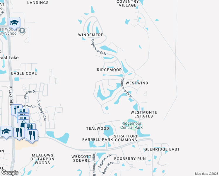 map of restaurants, bars, coffee shops, grocery stores, and more near 3828 Muirfield Court in Palm Harbor