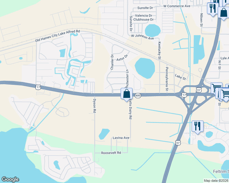 map of restaurants, bars, coffee shops, grocery stores, and more near 107 Winchester Lane in Haines City