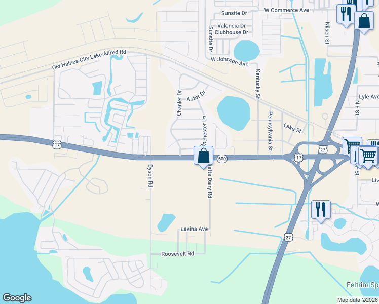 map of restaurants, bars, coffee shops, grocery stores, and more near 107 Winchester Lane in Haines City