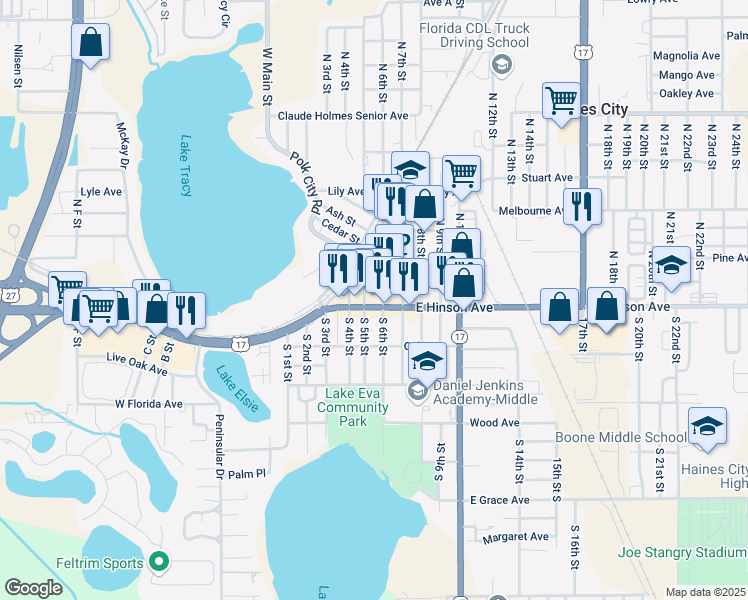 map of restaurants, bars, coffee shops, grocery stores, and more near 500 East Hinson Avenue in Haines City