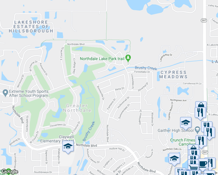 map of restaurants, bars, coffee shops, grocery stores, and more near 4412 Larkfield Lane in Tampa