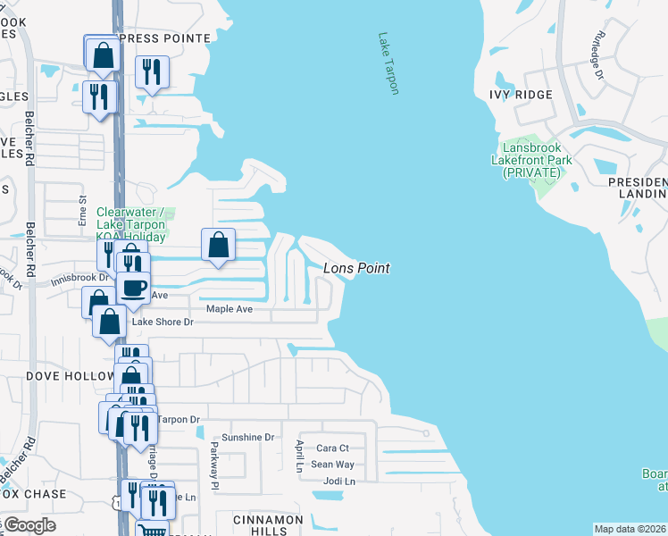 map of restaurants, bars, coffee shops, grocery stores, and more near 126 Lake Shore Drive East in Palm Harbor