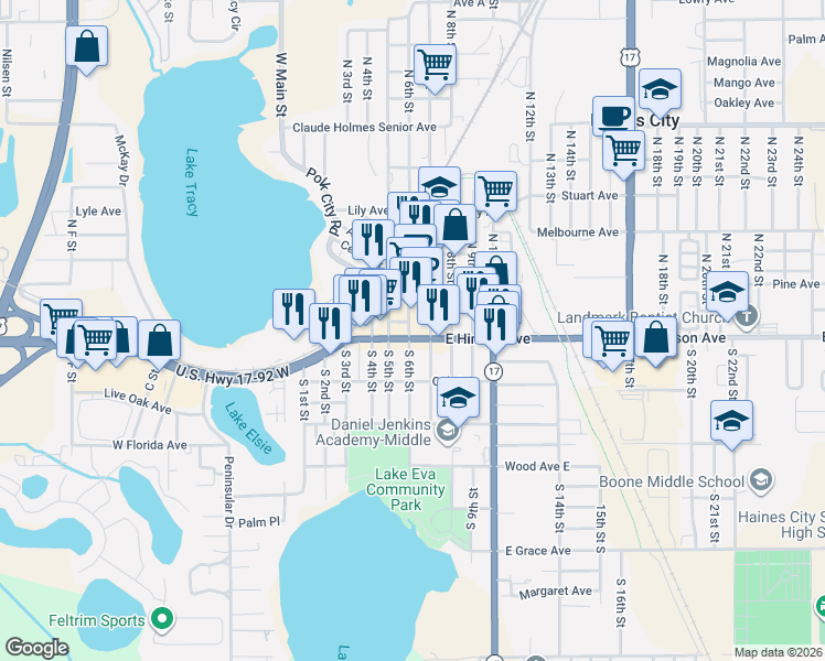 map of restaurants, bars, coffee shops, grocery stores, and more near 500 East Hinson Avenue in Haines City