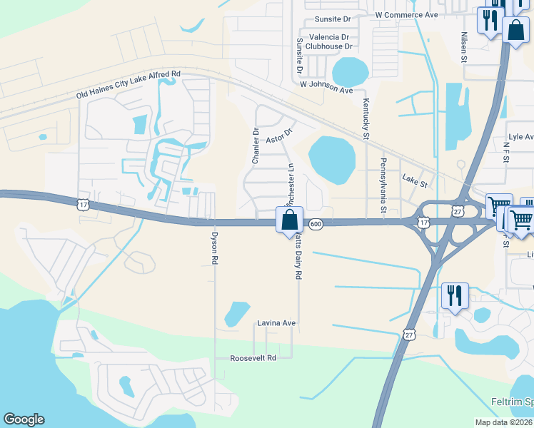 map of restaurants, bars, coffee shops, grocery stores, and more near 105 Winchester Lane in Haines City