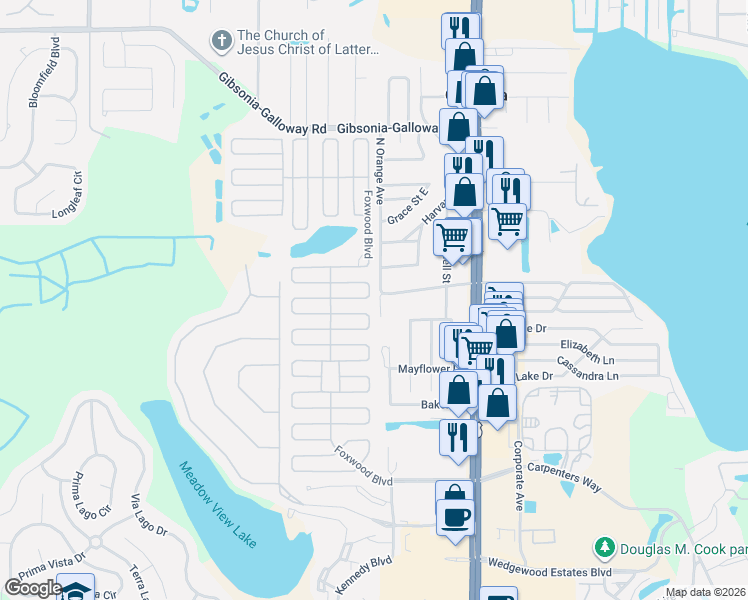 map of restaurants, bars, coffee shops, grocery stores, and more near 1536 Longbow Drive in Lakeland