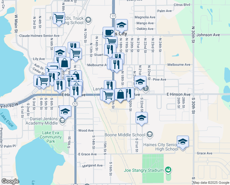 map of restaurants, bars, coffee shops, grocery stores, and more near 1702 East Hinson Avenue in Haines City