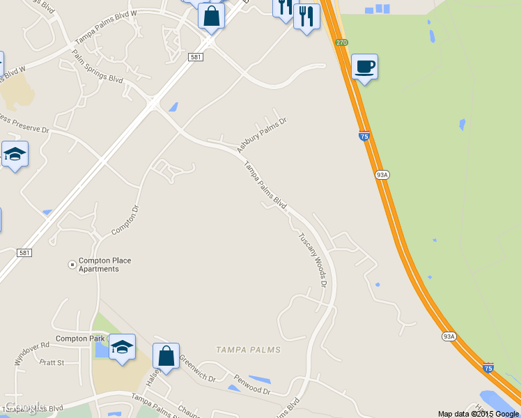 map of restaurants, bars, coffee shops, grocery stores, and more near 7916 Tuscany Woods Dr in Tampa