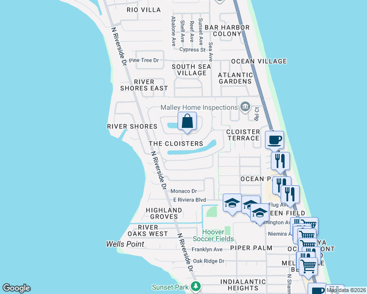 map of restaurants, bars, coffee shops, grocery stores, and more near 365 Normandy Drive in Indialantic