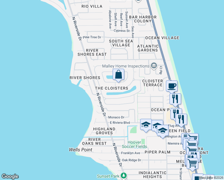 map of restaurants, bars, coffee shops, grocery stores, and more near 365 Normandy Drive in Indialantic