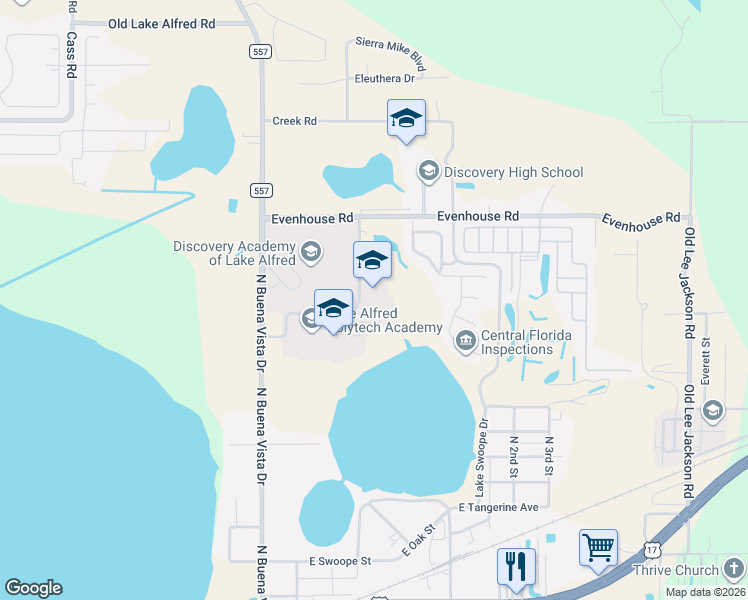 map of restaurants, bars, coffee shops, grocery stores, and more near 935 Evenhouse Road in Lake Alfred