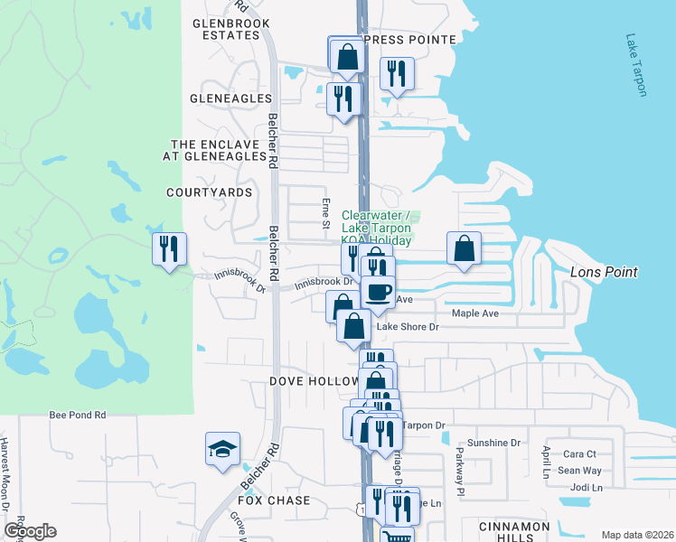map of restaurants, bars, coffee shops, grocery stores, and more near 2464 Bent Tree Road in Palm Harbor