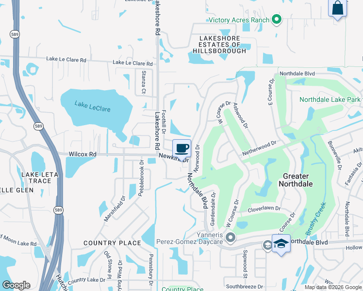 map of restaurants, bars, coffee shops, grocery stores, and more near 16504 Foothill Drive in Tampa