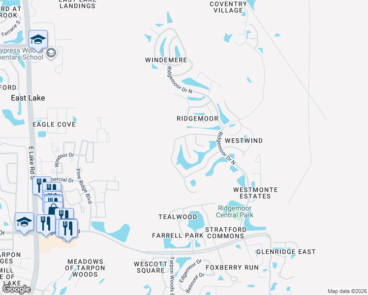 map of restaurants, bars, coffee shops, grocery stores, and more near 3876 Timber Ridge Court in Palm Harbor